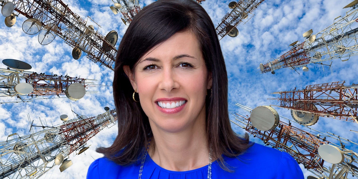 Jessica Rosenworcel over cell tower background
