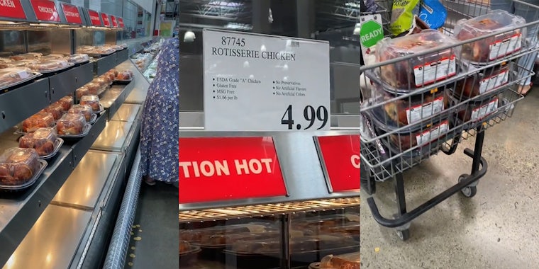 chicken on shelves (l) Rotisserie chicken $4.99 sign (c) cart with rotisserie chickens (r)