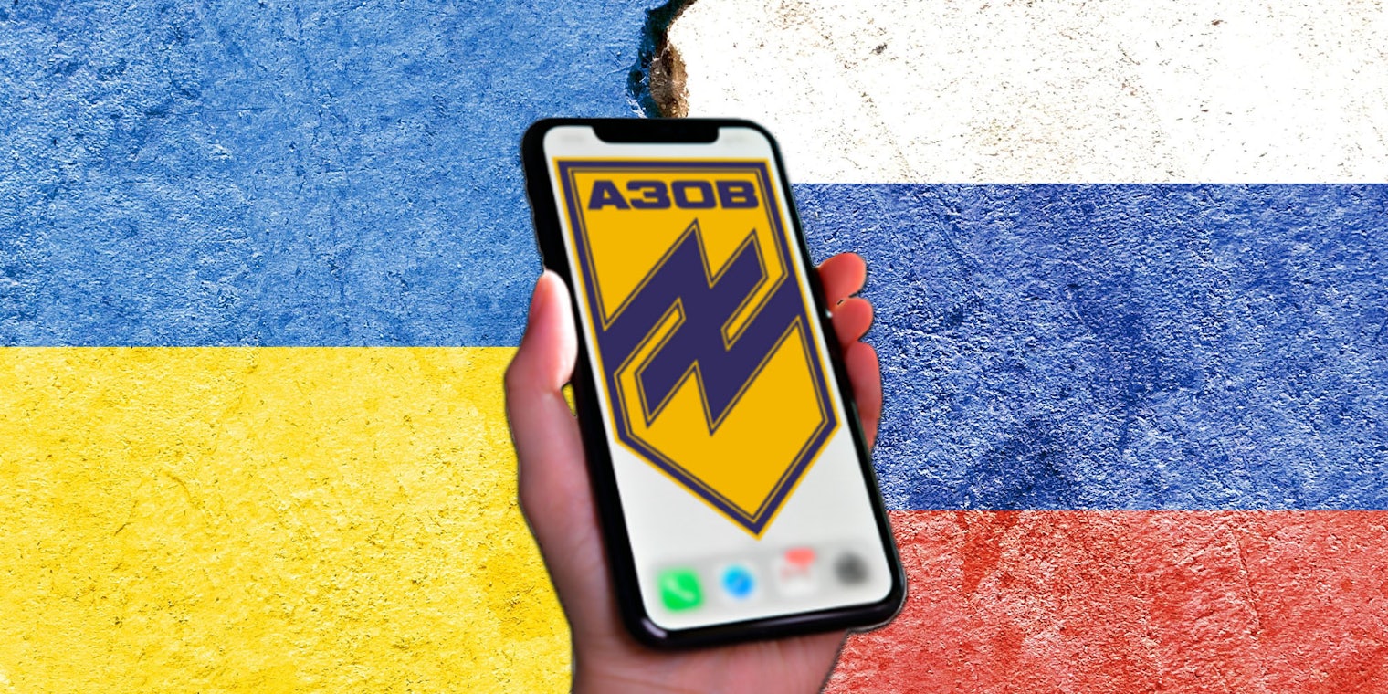 Russia and Ukraine design cracked background with hand holding phone with A30B Russian app on screen centered