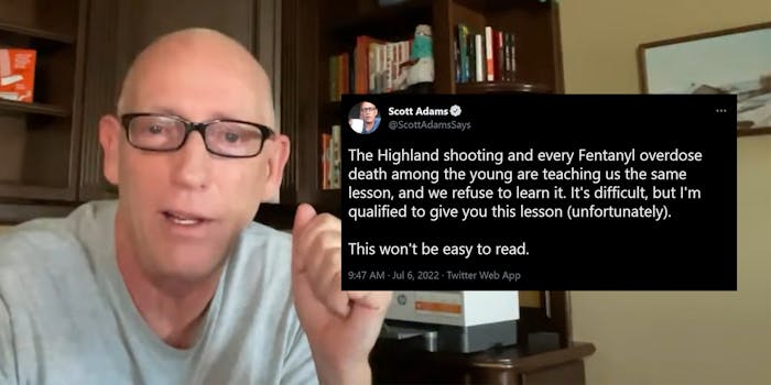 scott adams with tweet that reads "The Highland shooting and every Fentanyl overdose death among the young are teaching us the same lesson, and we refuse to learn it. It's difficult, but I'm qualified to give you this lesson (unfortunately). This won't be easy to read."