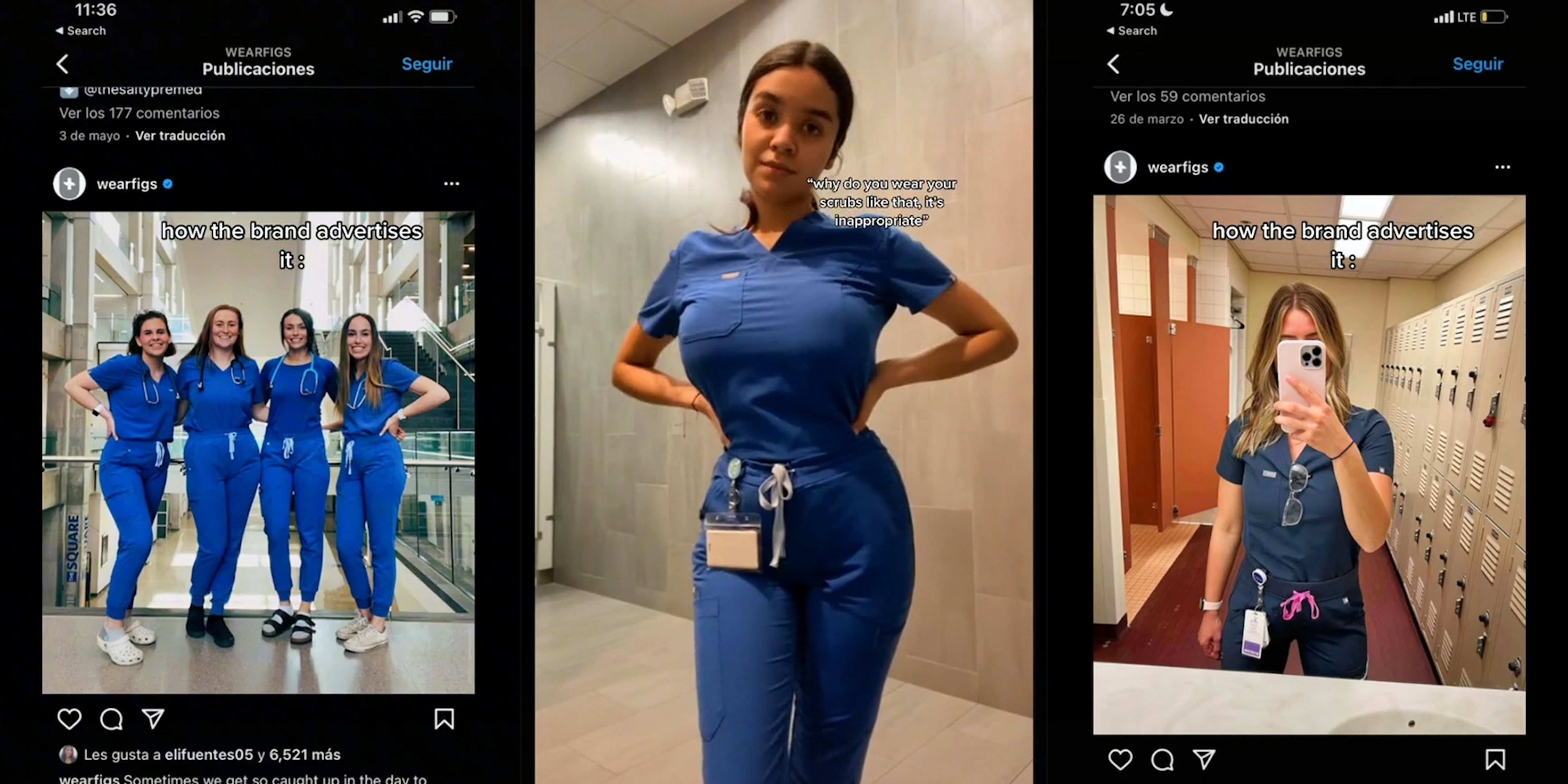 scrubs advertisement (l&r) woman wearing scrubs with caption 'why do you wear your scrubslike that, it's inappropriate' (c)