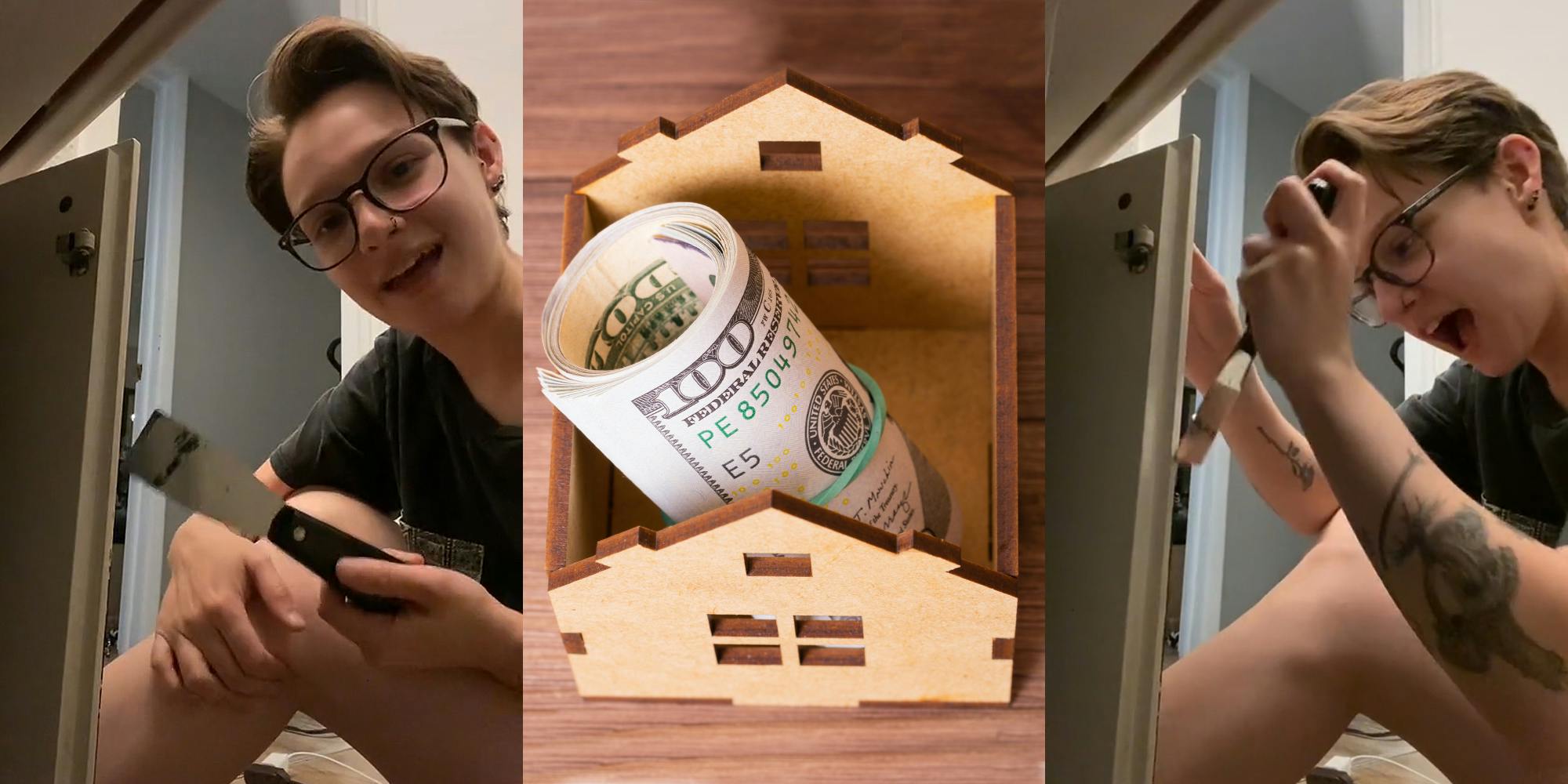 person holding paint scrapper speaking sitting on floor (l) wooden house with rolled up 100 dollar bills inside security deposit concept (c) person scrapping black paint off of cabinet door sitting on floor (r)