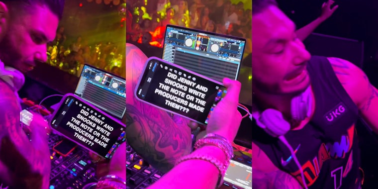 Pauly D DJ at club person holding phone with caption 'DID JENNY AND SNOOKS WRITE THE NOTE OR THE PRODUCERS MADE THEM??' (l) person holding phone with caption'DID JENNY AND SNOOKS WRITE THE NOTE OR THE PRODUCERS MADE THEM??' (c) Pauly D's reaction to reading phone (r)
