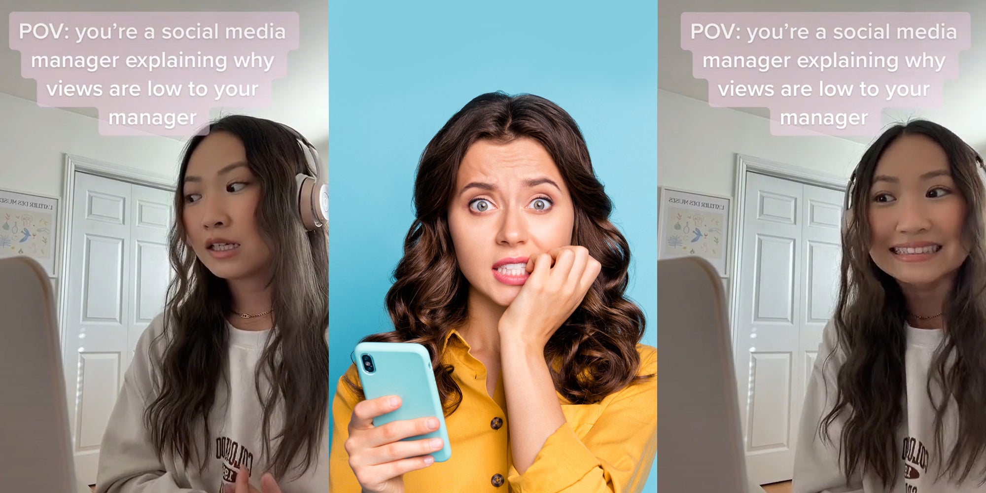 woman with headset on speaking looking away caption 'POV: you're a social media manager explaining why views are low to your manager' (l) woman worried expression holding phone on teel background (c) woman clenching teeth making awkward face caption woman with headset on speaking looking away caption 'POV: you're a social media manager explaining why views are low to your manager' (r)