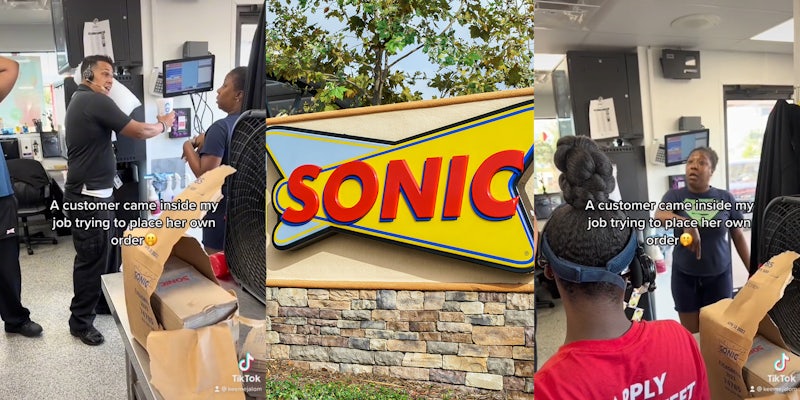 Manager talking to woman in restaurant back area (l) Sonic sign (c) Woman pointing at floor (r) with caption 'A customer came inside my job trying to place her own order'