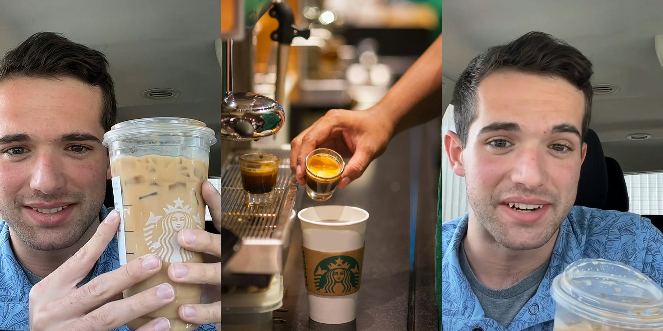 man in car holding Starbucks drink (l) Starbucks barista making coffee (c) man in car holding Starbucks drink speaking (r)