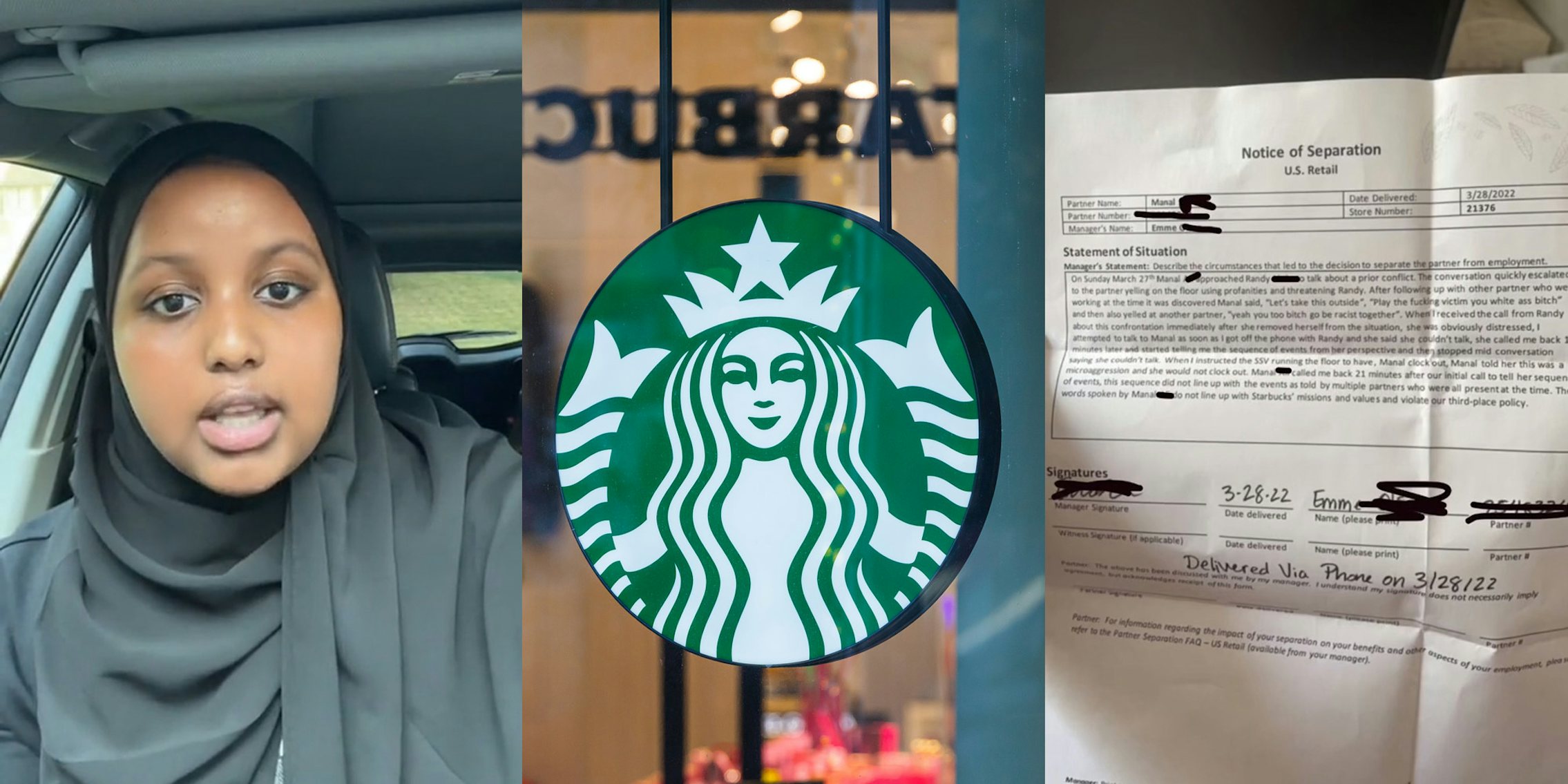 woman speaking in car (l) Starbucks sign on glass door (c) woman holding 'Notice of Separation' (r)