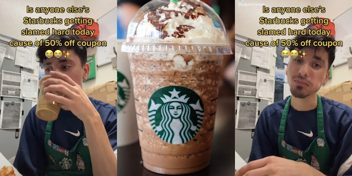 young man in starbucks uniform with caption "is anyone else's starbucks getting slamed hard today cause of 50% off coupon" (l&r) starbucks logo on cup (c)