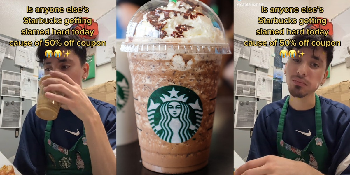 young man in starbucks uniform with caption 'is anyone else's starbucks getting slamed hard today cause of 50% off coupon' (l&r) starbucks logo on cup (c)