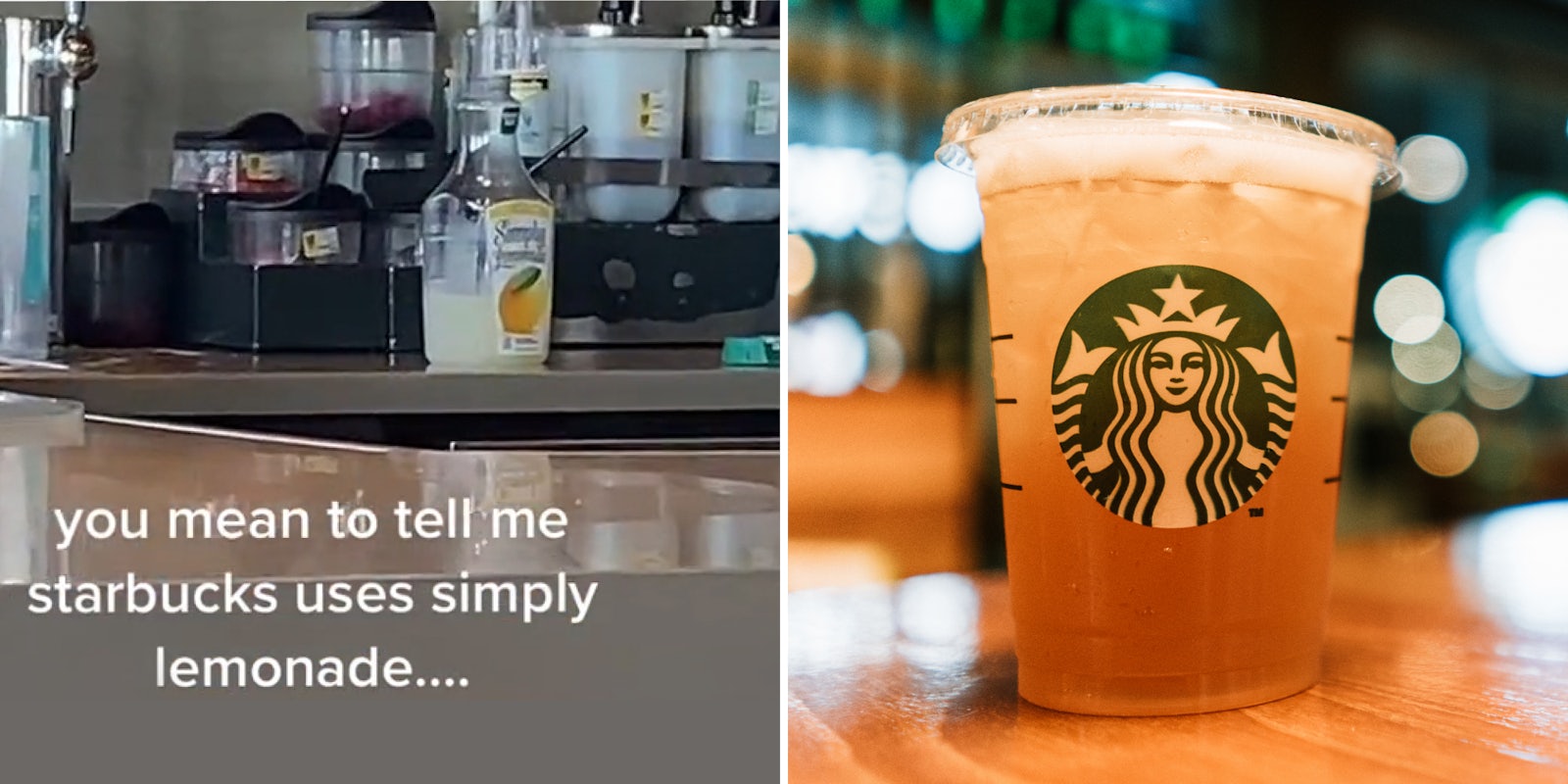 Starbucks counter with bottle of Simply Lemonade caption 'you mean to tell me starbucks uses simply lemonade...' (l) Starbucks lemonade drink on table (r)