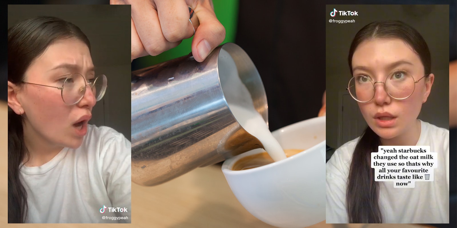 young woman (l) starbucks creamer pouring into coffee (c) young woman with caption 'yeah starbucks changed the oat milk they use so thats why all your favourite drinks taste like garbage now' (r)