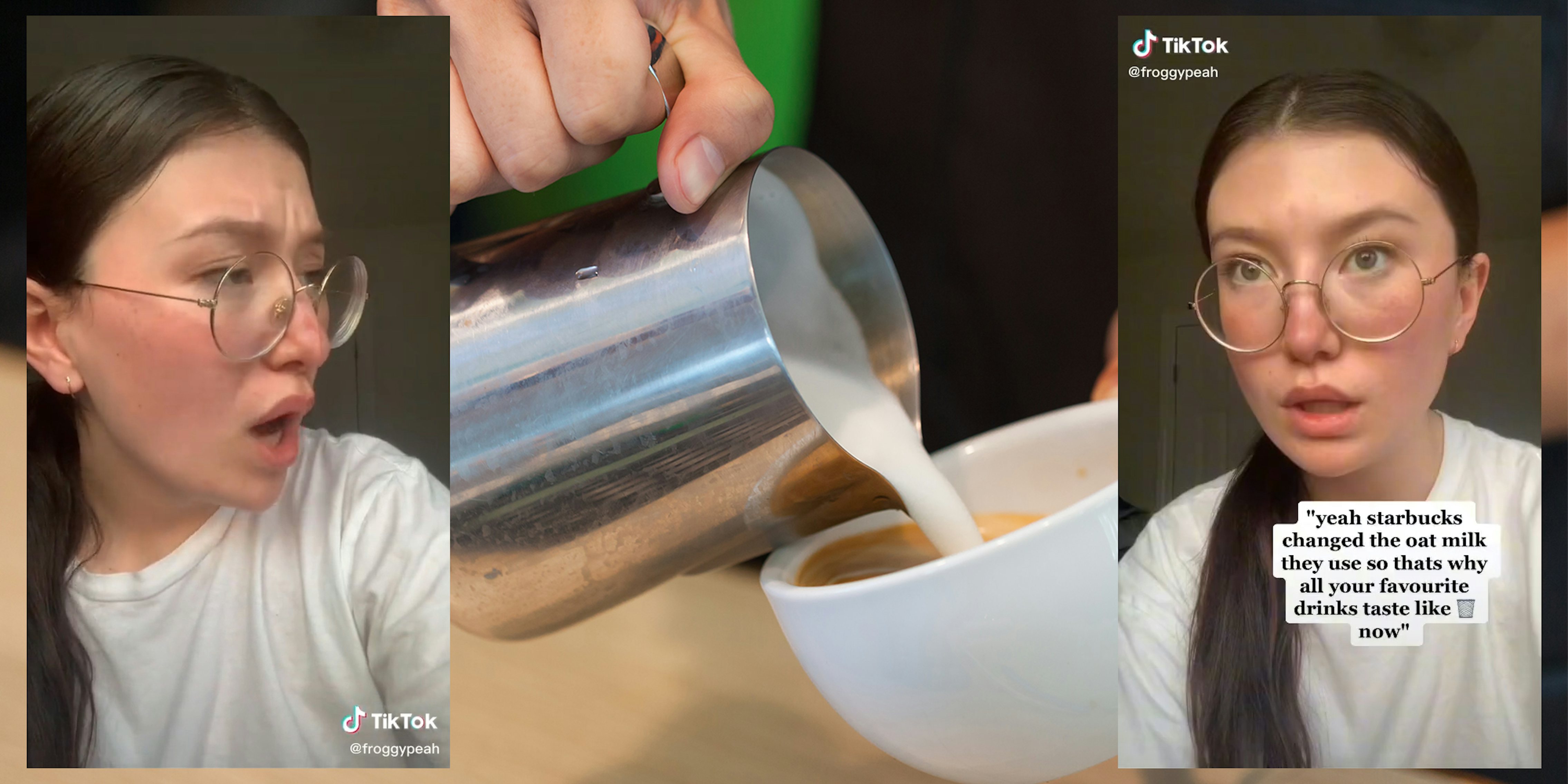 young woman (l) starbucks creamer pouring into coffee (c) young woman with caption 'yeah starbucks changed the oat milk they use so thats why all your favourite drinks taste like garbage now' (r)