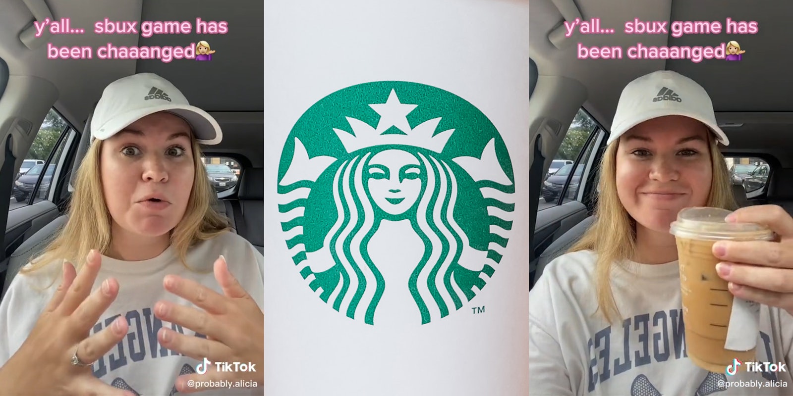 young woman in car with coffee and caption 'y'all... sbux game has been chaaanged' (l&r) starbucks logo on cup (c)