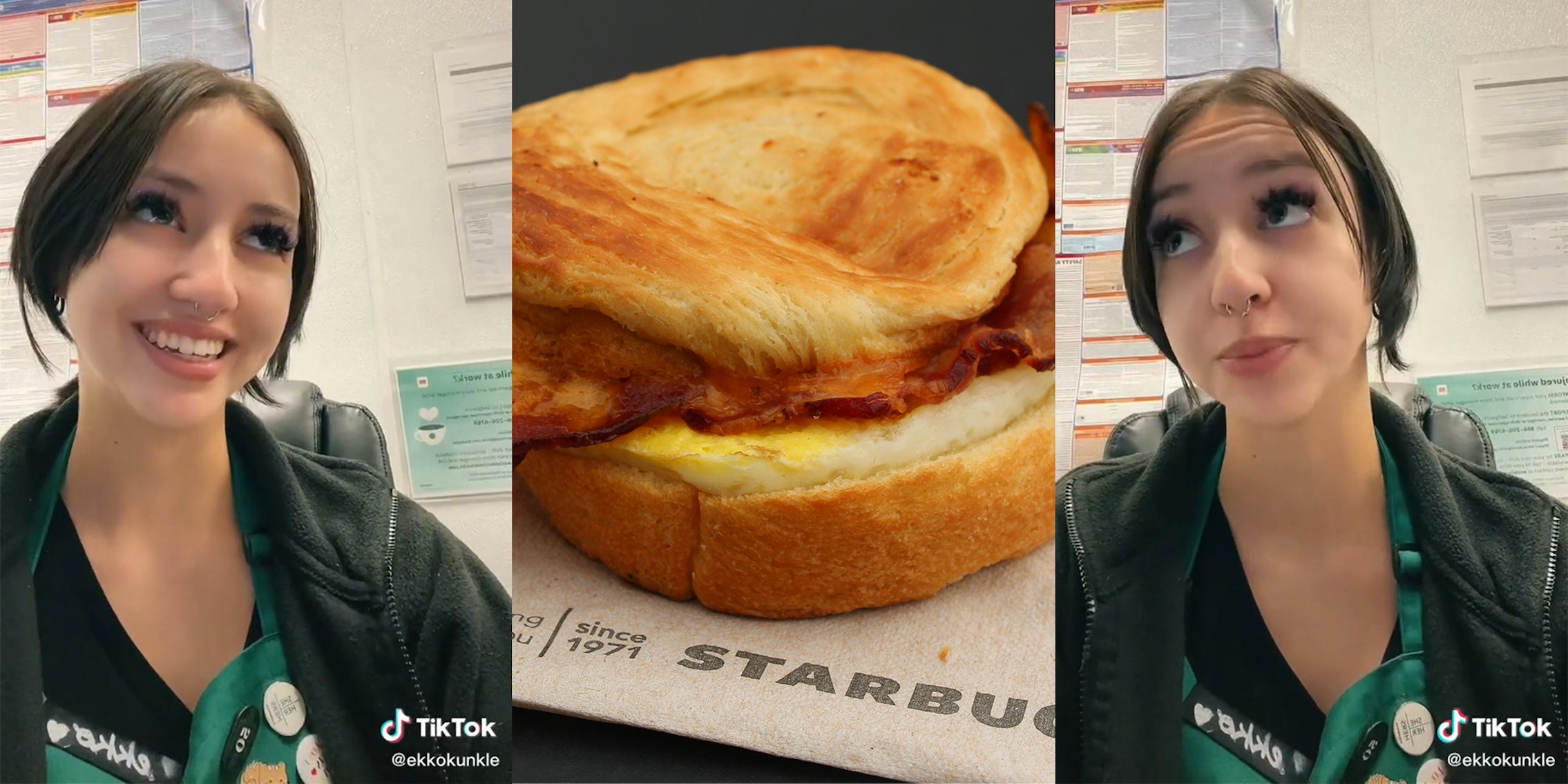 young woman in starbucks uniform (l&r) Starbucks sandwich on napkin (c)