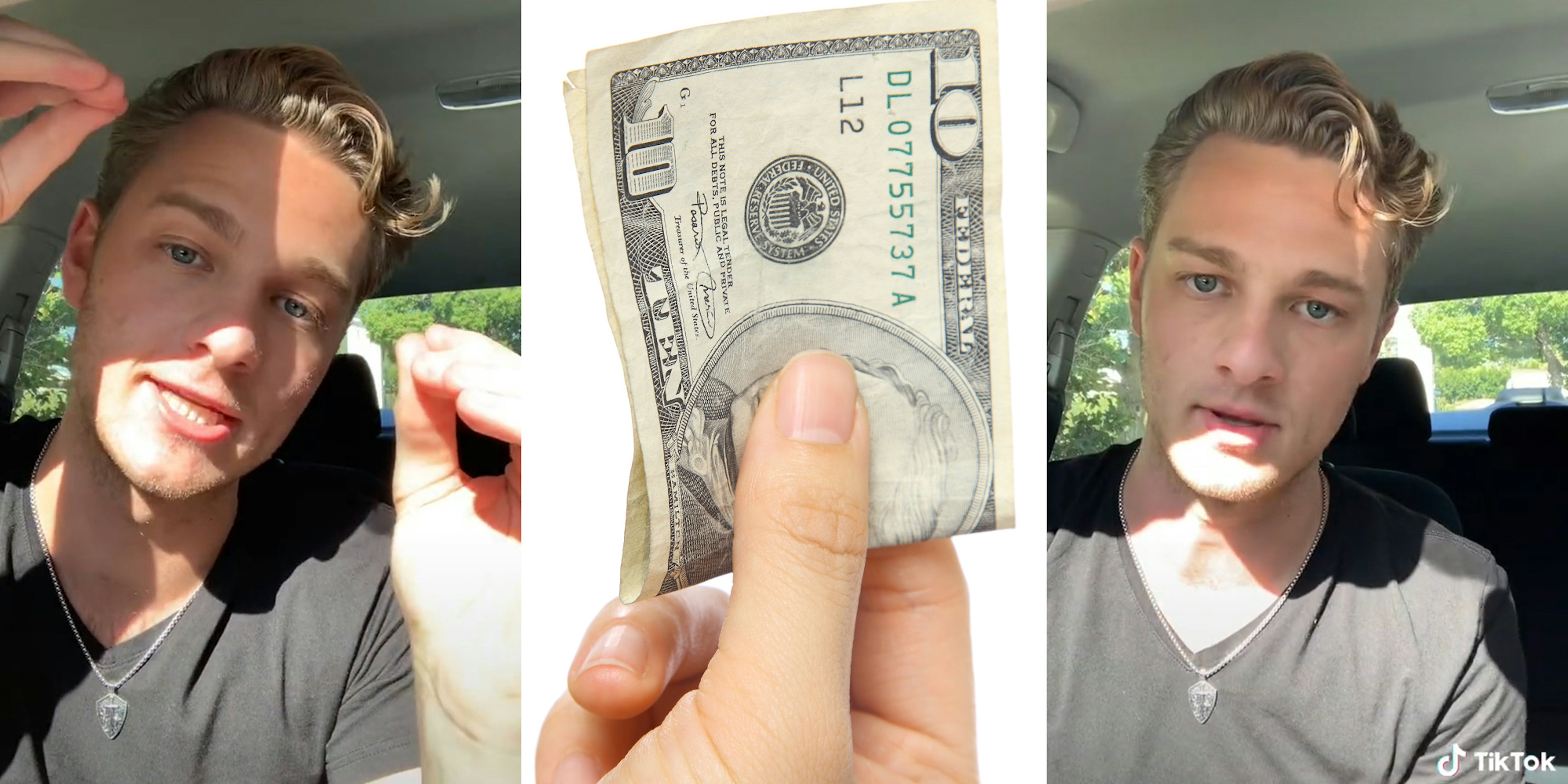 man in car (l&r) hand holding $10 bill (c)