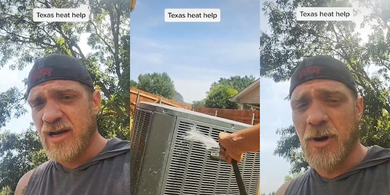 man speaking outside caption 'Texas heat help' (l) man spraying AC with hose outside caption 'Texas heat help'(c) man speaking outside caption 'Texas heat help'(r)
