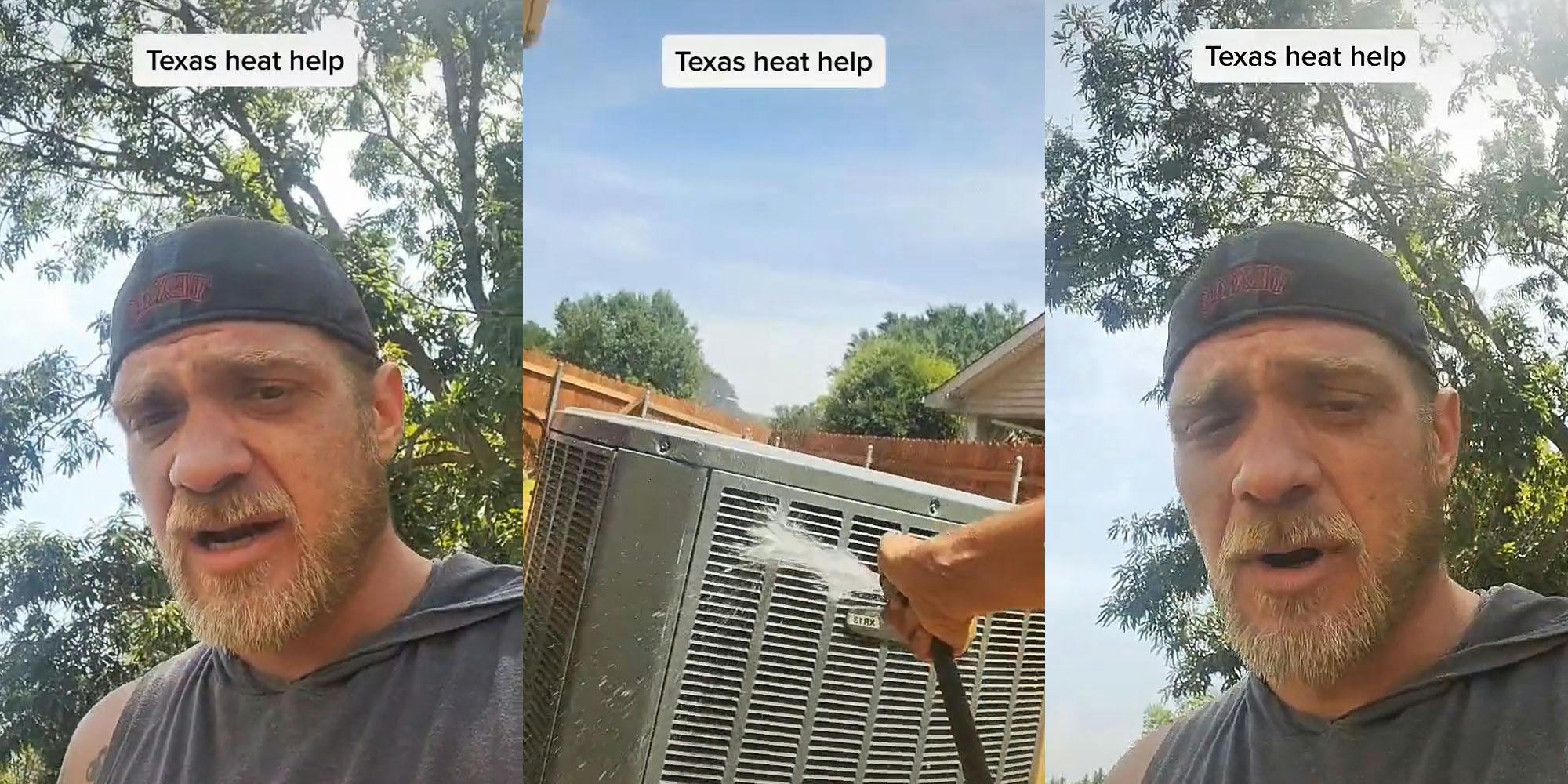 man speaking outside caption "Texas heat help" (l) man spraying AC with hose outside caption "Texas heat help"(c) man speaking outside caption "Texas heat help"(r)