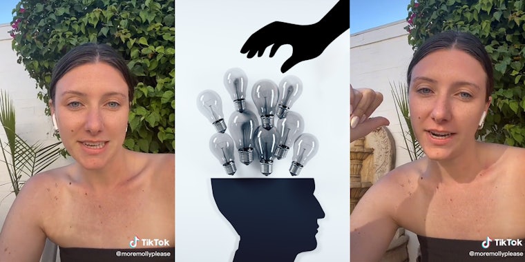 woman speaking outside (l) head silhouette with lightbulbs coming out of head hand silhouette reaching from right to steal lightbulb (c) woman speaking outside thumb pointing to her (r)