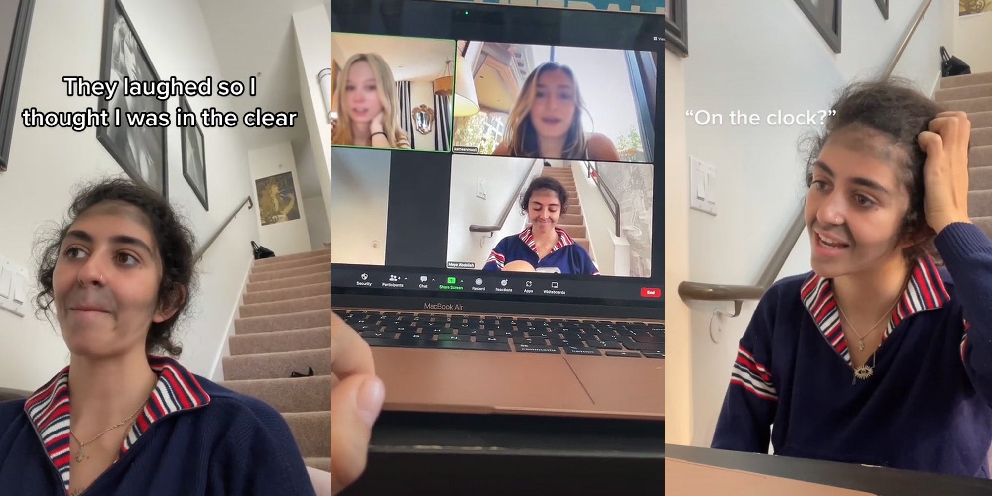 woman dressed as her father caption 'They laughed so I thought I was in the clear' (l) Zoom work meeting facecams woman laughing at dressed up coworker (c) woman dressed as her father scratching head caption 'On the clock?' (r)