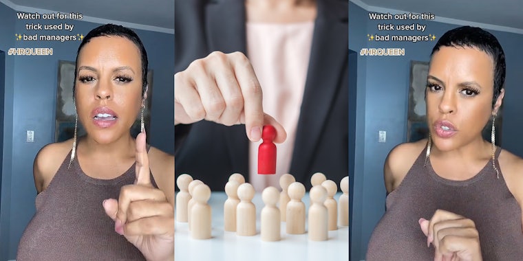 Woman speaking finger pointing up caption 'Watch out for this trick used by bad managers #HRQUEEN' (l) hand holding red wooden figure over unfinished wooden figures bad manager concept (c) woman speaking caption 'Watch out for this trick used by bad managers #HRQUEEN' (r)