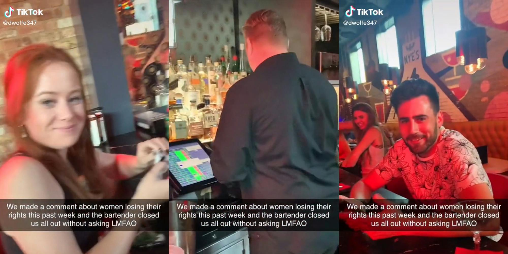 young woman at bar (l) bartender with back to bar (c) man at bar (r) all with caption "We made a comment about women losing their rights this past week and the bartender closed us all out without asking LMFAO"
