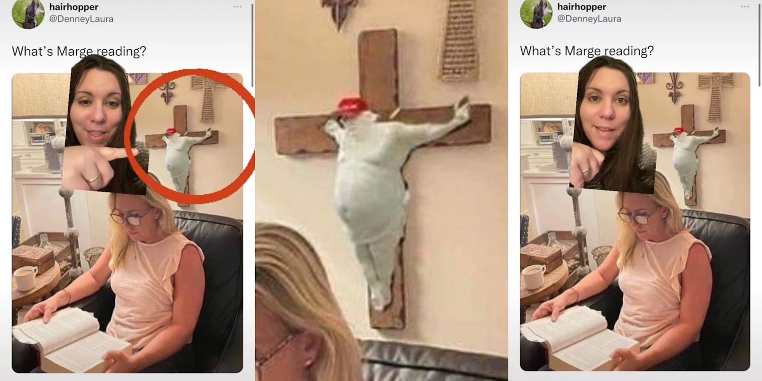 woman greenscreen tiktok over tweet of Marjorie Taylor Greene reading on her wall behind her is Trump crucifixion circled with red (l)close up of Trump crucifixion behind Marjorie Taylor Greene(c) woman greenscreen tiktok over tweet of Marjorie Taylor Greene reading with Trump crucifixion behind her (r)
