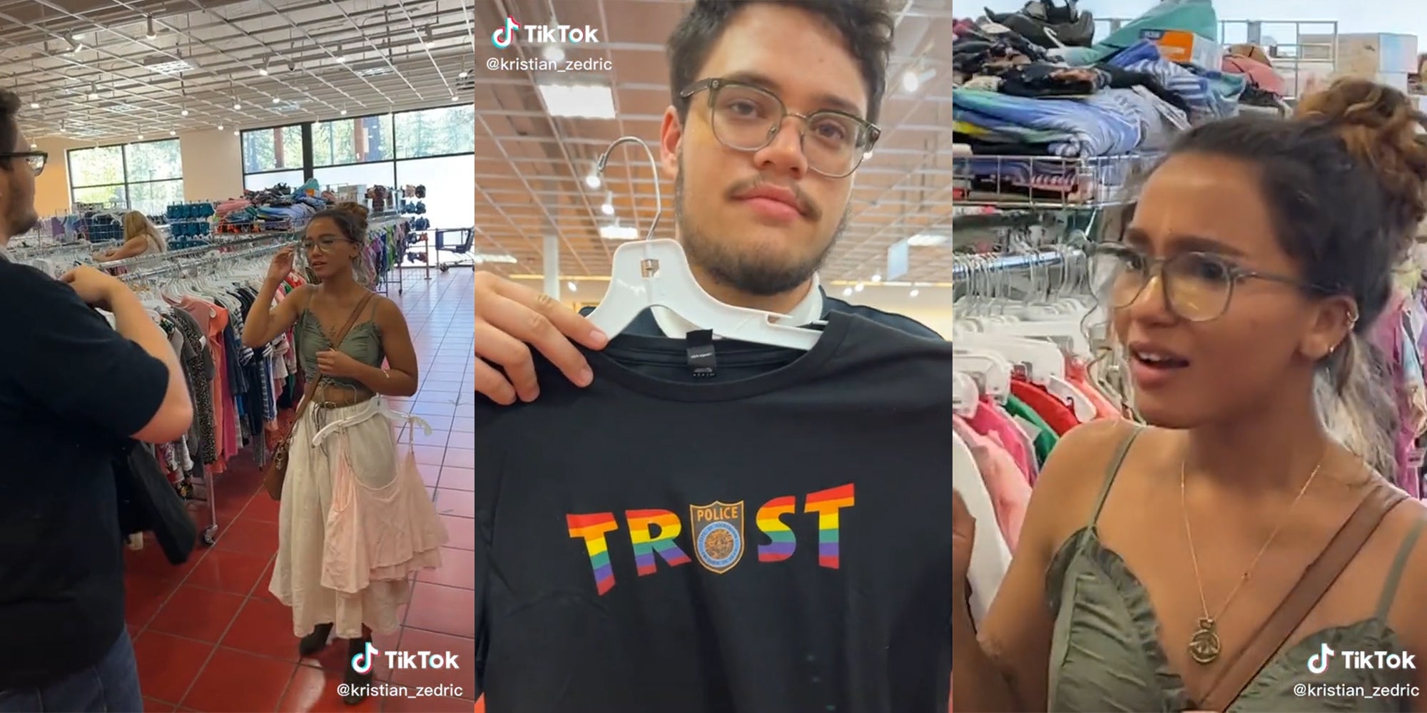 young woman in store (l) man holding up TRUST in rainbow letters with Police badge as the U (c) young woman in disbelief (r)