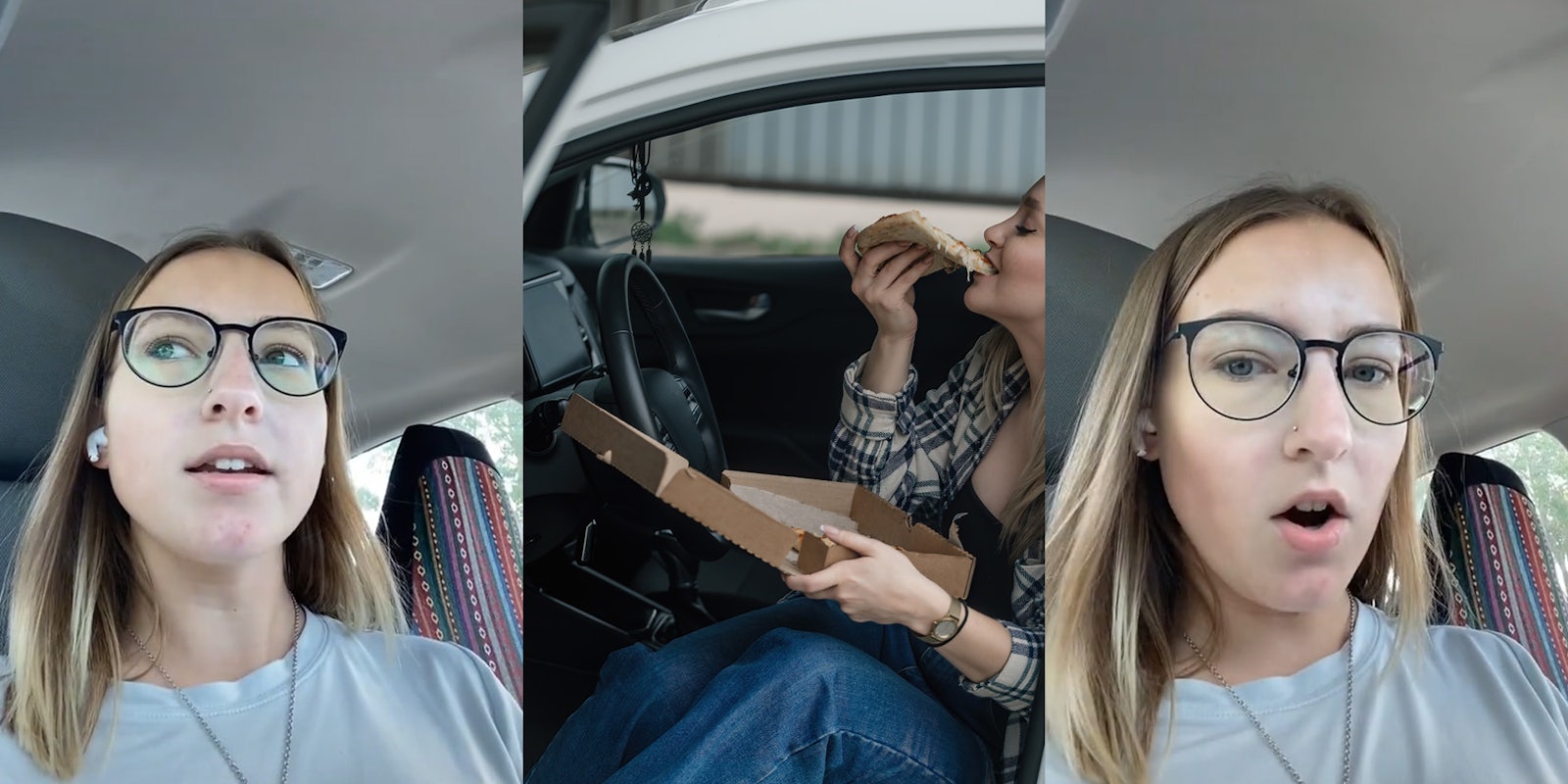 woman speaking in car (l) woman eating lunch in car (c) woman speaking in car (r)