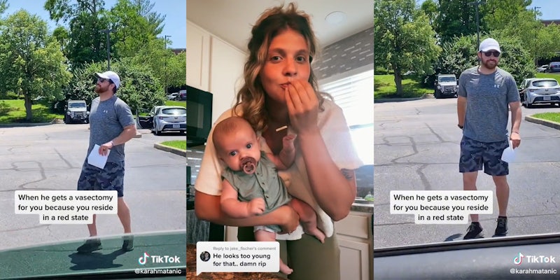 man dancing in parking lot with paper bag and caption 'When he gets a vasectomy for you because you reside in a red state' (l&r) woman holding baby with caption 'he looks too young for that.. damn rip' (c)