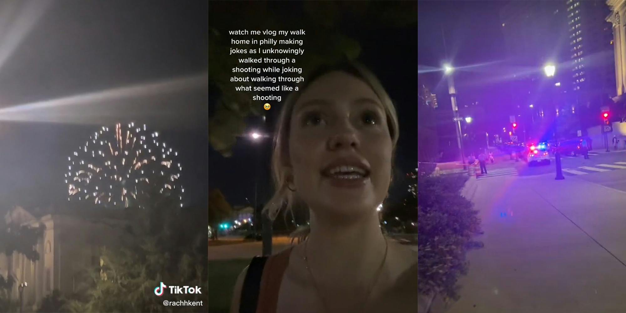 fireworks (l) young woman walking at night with caption "watch me vlog my walk home in philly making jokes as i unknowingly walked through a shooting while joking about walking through what seemed like a shooting" (c) police on street (r)