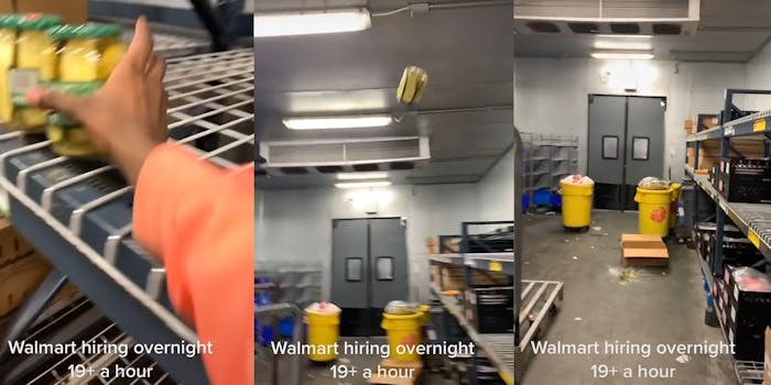 Walmart worker grabbing pickle jar in motion caption "Walmart hiring overnight 19+ a hour" (l) pickle jar in air at Walmart back room caption "Walmart hiring overnight 19+ a hour" (c) pickle jar crashing onto floor at Walmart back room caption "Walmart hiring overnight 19+ a hour" (r)