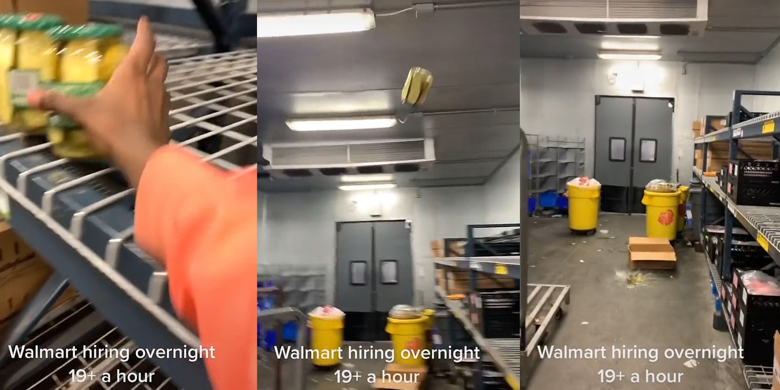 Walmart worker grabbing pickle jar in motion caption 'Walmart hiring overnight 19+ a hour' (l) pickle jar in air at Walmart back room caption 'Walmart hiring overnight 19+ a hour' (c) pickle jar crashing onto floor at Walmart back room caption 'Walmart hiring overnight 19+ a hour' (r)