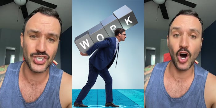 man speaking (l) man with blocks labeled " work" on his back walking on blue floor (c) man speaking (r)