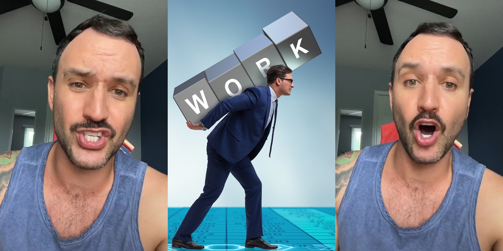 man speaking (l) man with blocks labeled ' work' on his back walking on blue floor (c) man speaking (r)