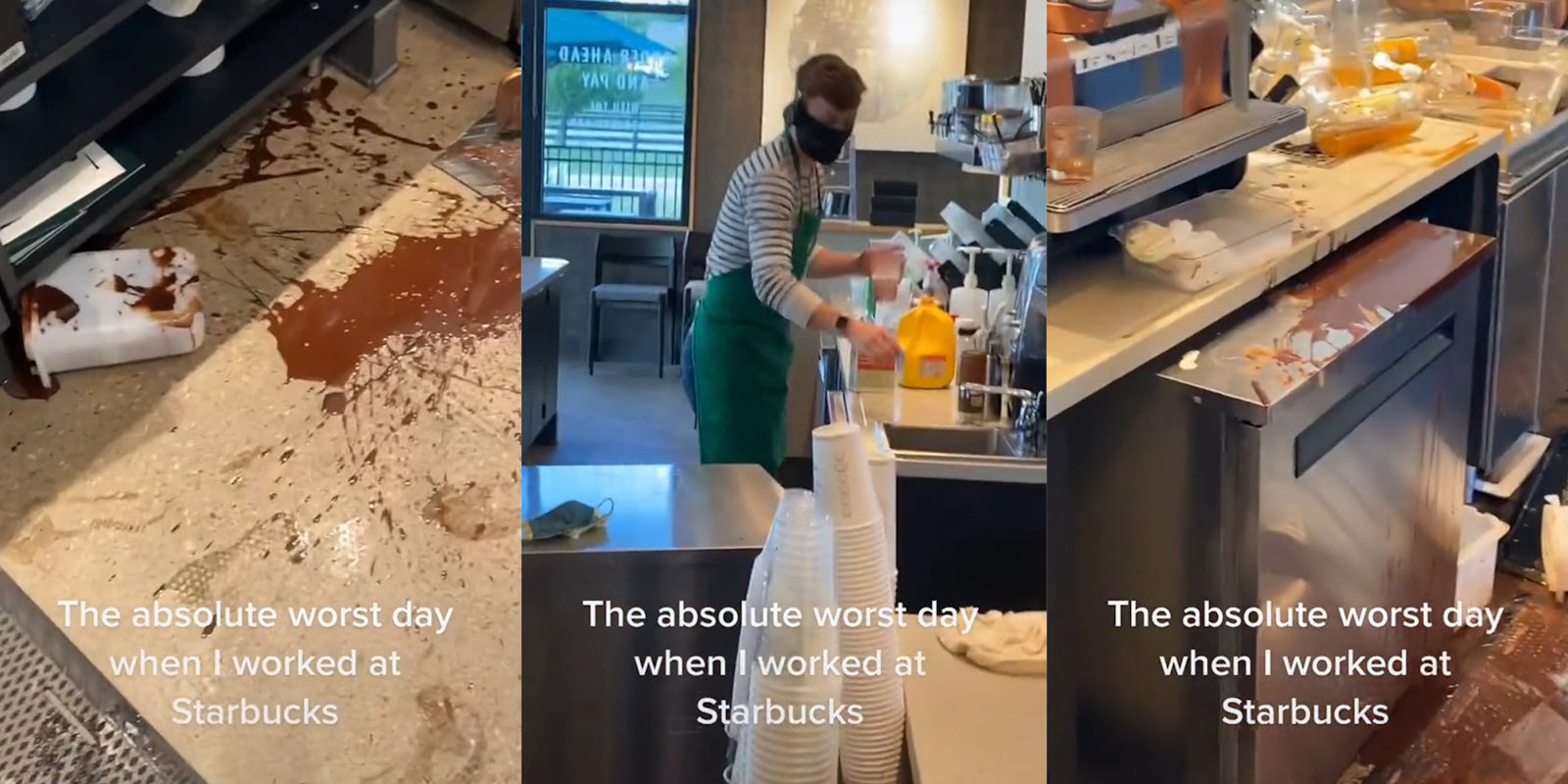 brown substance spattered and spilled all over Starbucks equipment with worker making drink, caption 'The absolute worst day when I worked at Starbucks'