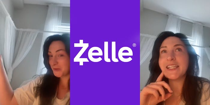 woman arm out showing bed behind her (l) Zelle logo on purple background (c) woman pointing finger on chin speaking (r)