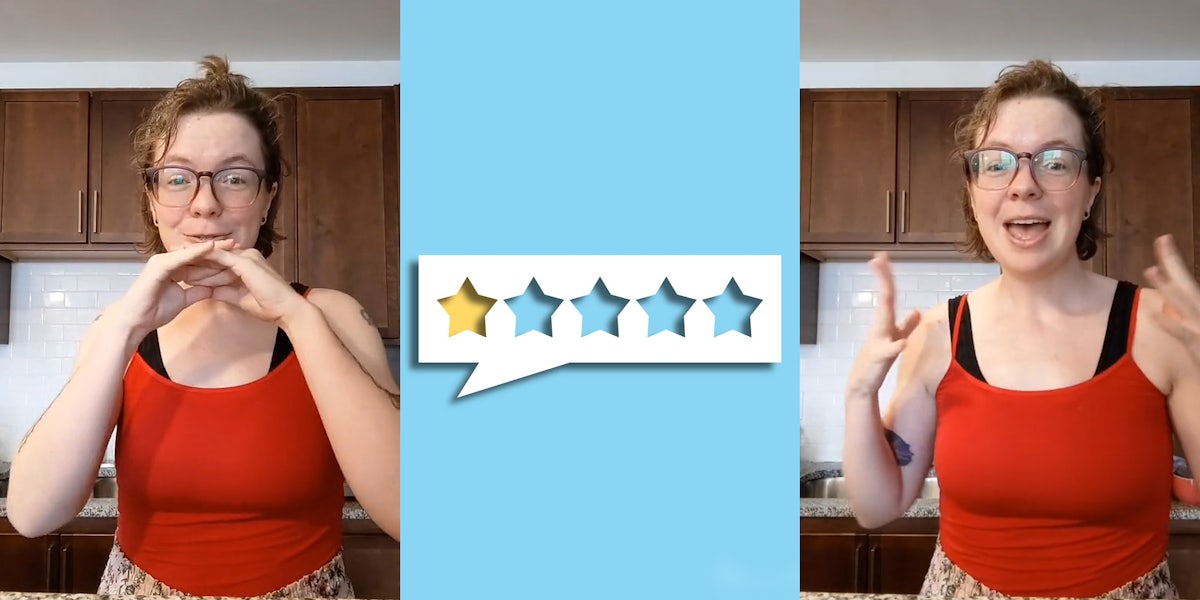 woman hands together over mouth speaking (l) one star review on blue background (c) woman arms out speaking (r)