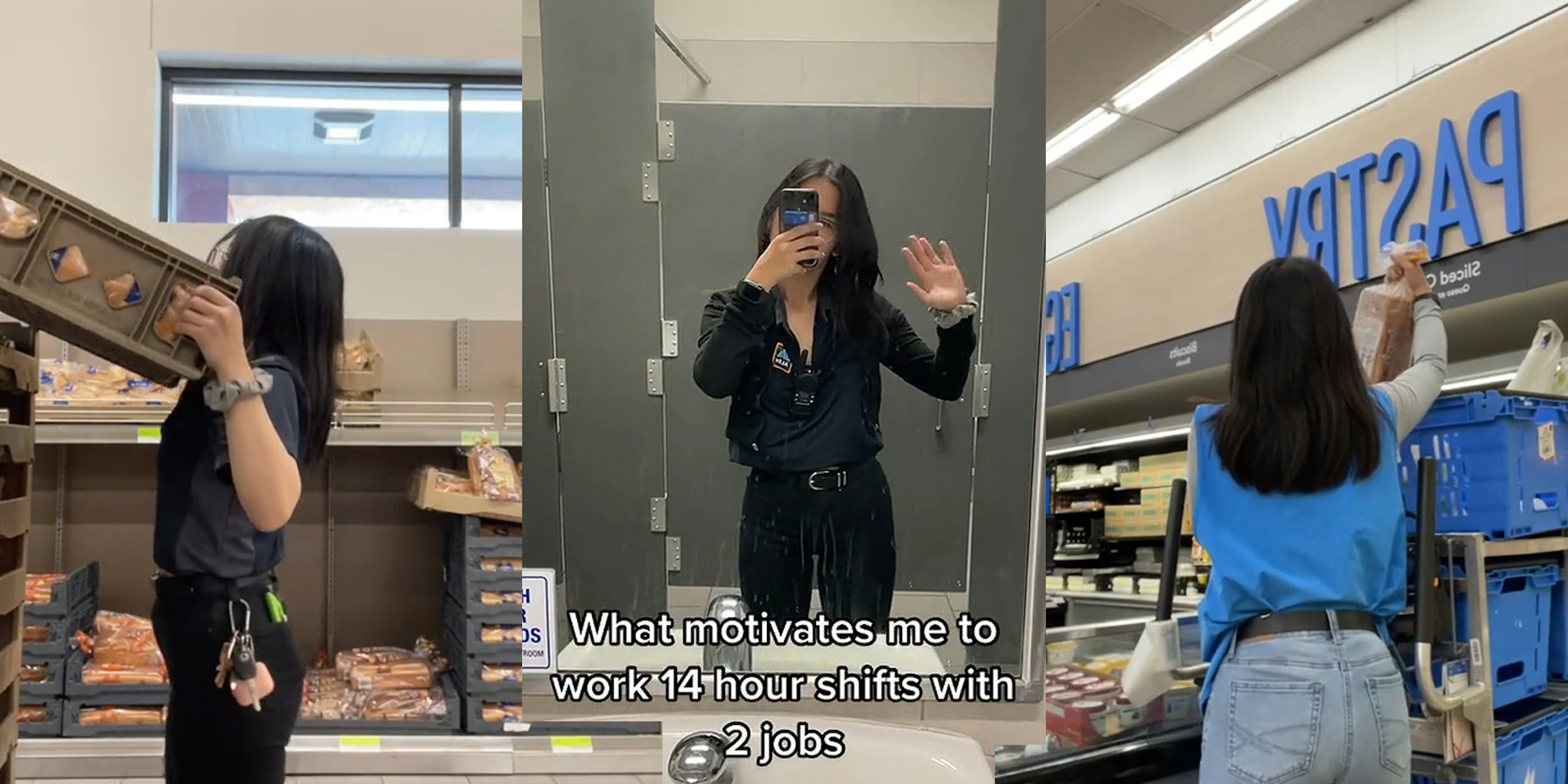Worker lifting crate of bread (l) woman posing in mirror arm up waving caption 'What motivates me to work 14 hour shifts with 2 jobs' (c) Walmart worker holding bread (r)