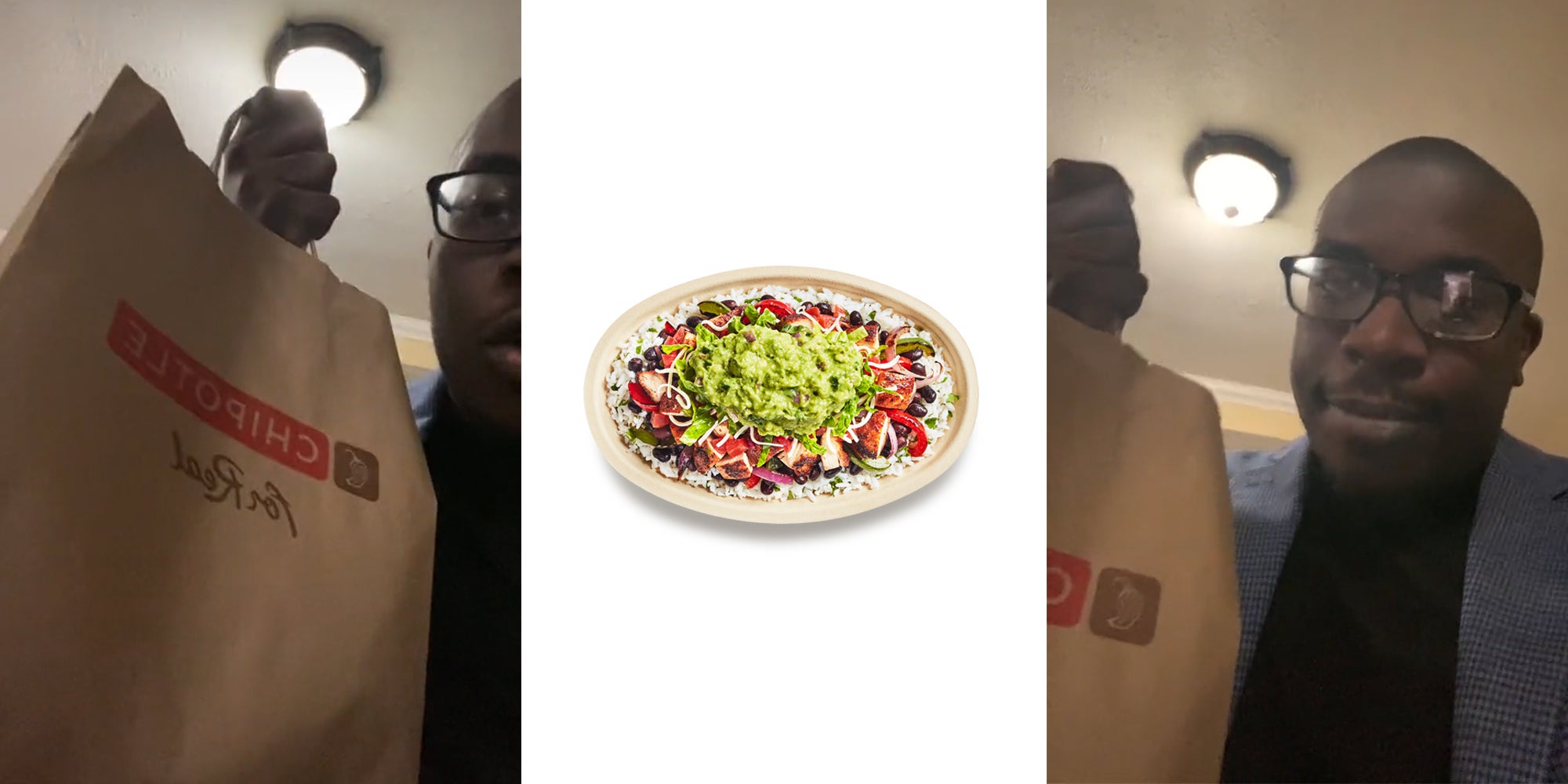 man holding Chipotle bag (l&r) burrito bowl (c)