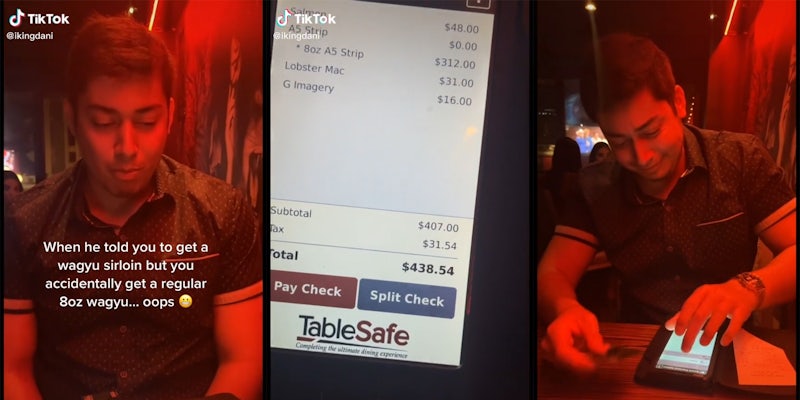 Man in restaurant with caption 'When he told you to get a wagyu sirloin but you accidentally get a regular 8oz wagyu... oops' (l) $438.54 dinner bill on tablet (c) man grimacing as he swipes credit card (r)