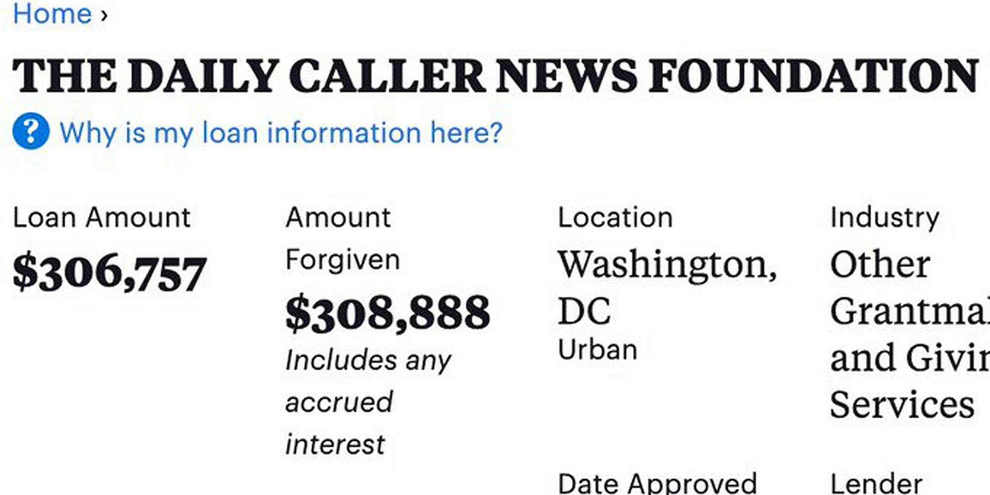 "THE DAILY CALLER NEWS FOUNDATION" Loan Amount $306,757 Amount Forgiven $308,888 Location Washington DC Urban Industry Other Grantma.. and Givin.. Services Date Approved Lender" on white background