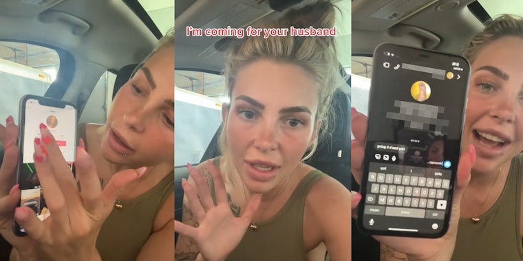 woman in car hand on phone on TikTok account (l) woman in car hand up speaking caption 'I'm coming for your husband' (c) woman holding phone up in car on Instagram DM's (r)