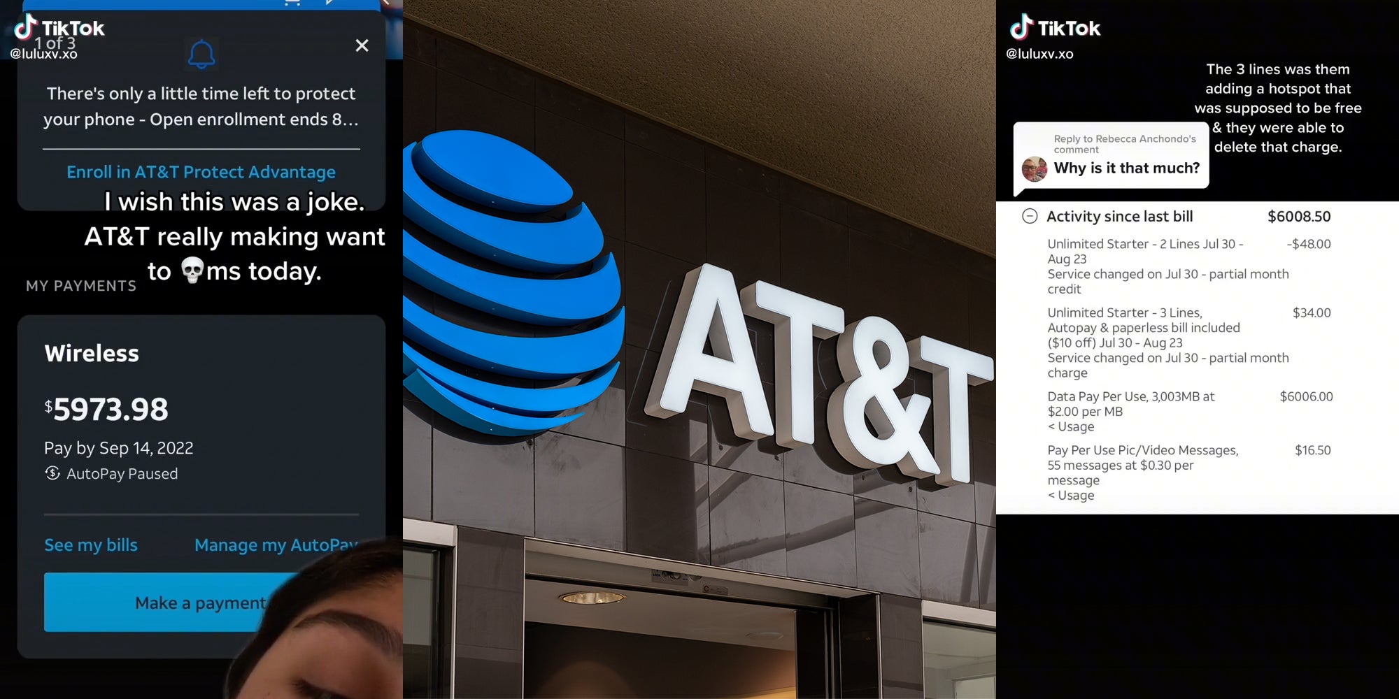 AT&T payment screen (l) AT&T storefront (c) "Activity since last bill" screen with caption "Why is it that much?" (r)