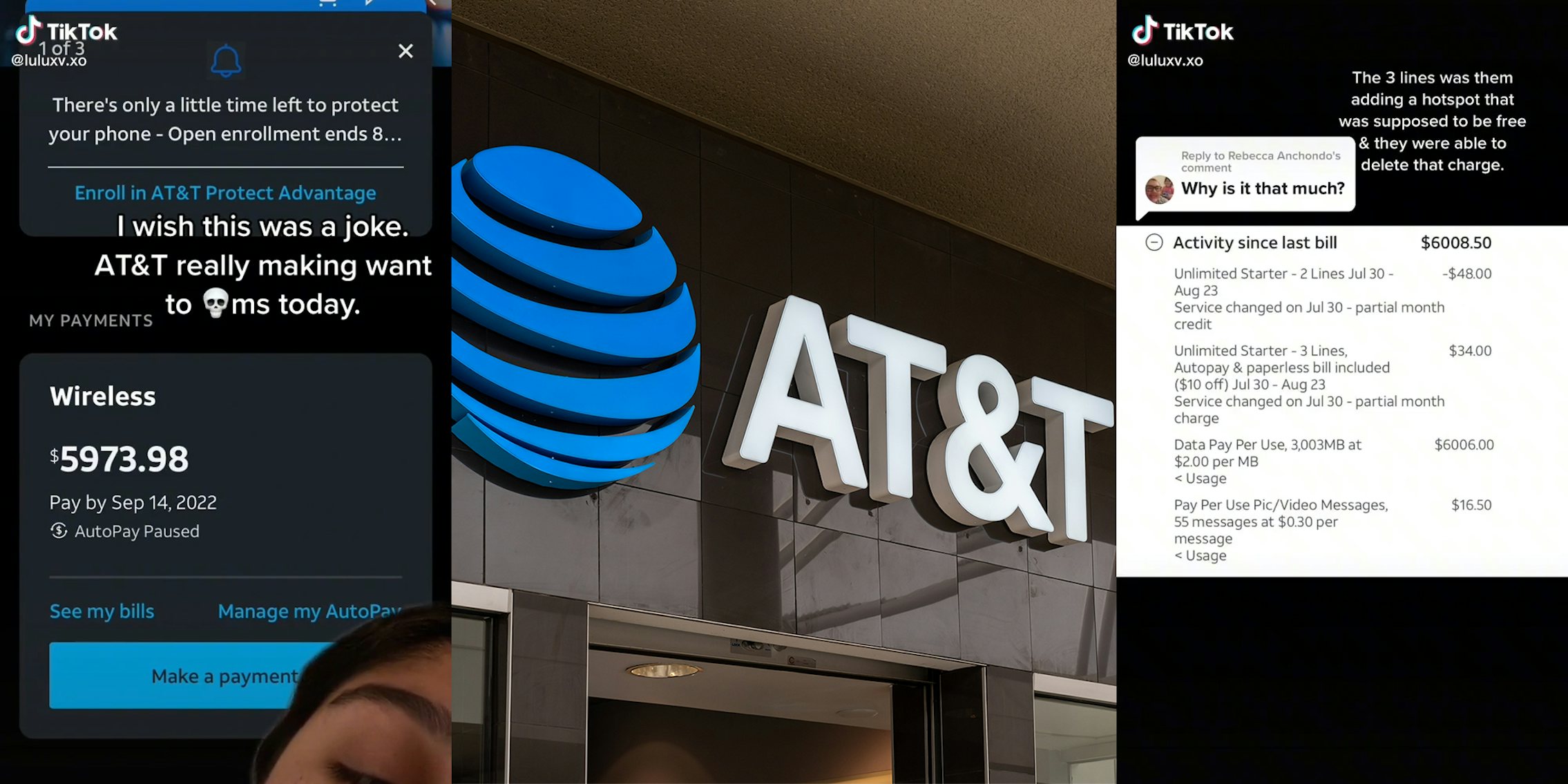AT&T payment screen (l) AT&T storefront (c) 'Activity since last bill' screen with caption 'Why is it that much?' (r)