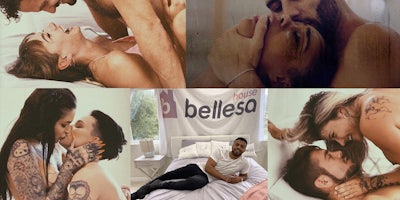bellesa featured banner featuring six scenes of couples kissing and one man sitting waiting to be interviewed