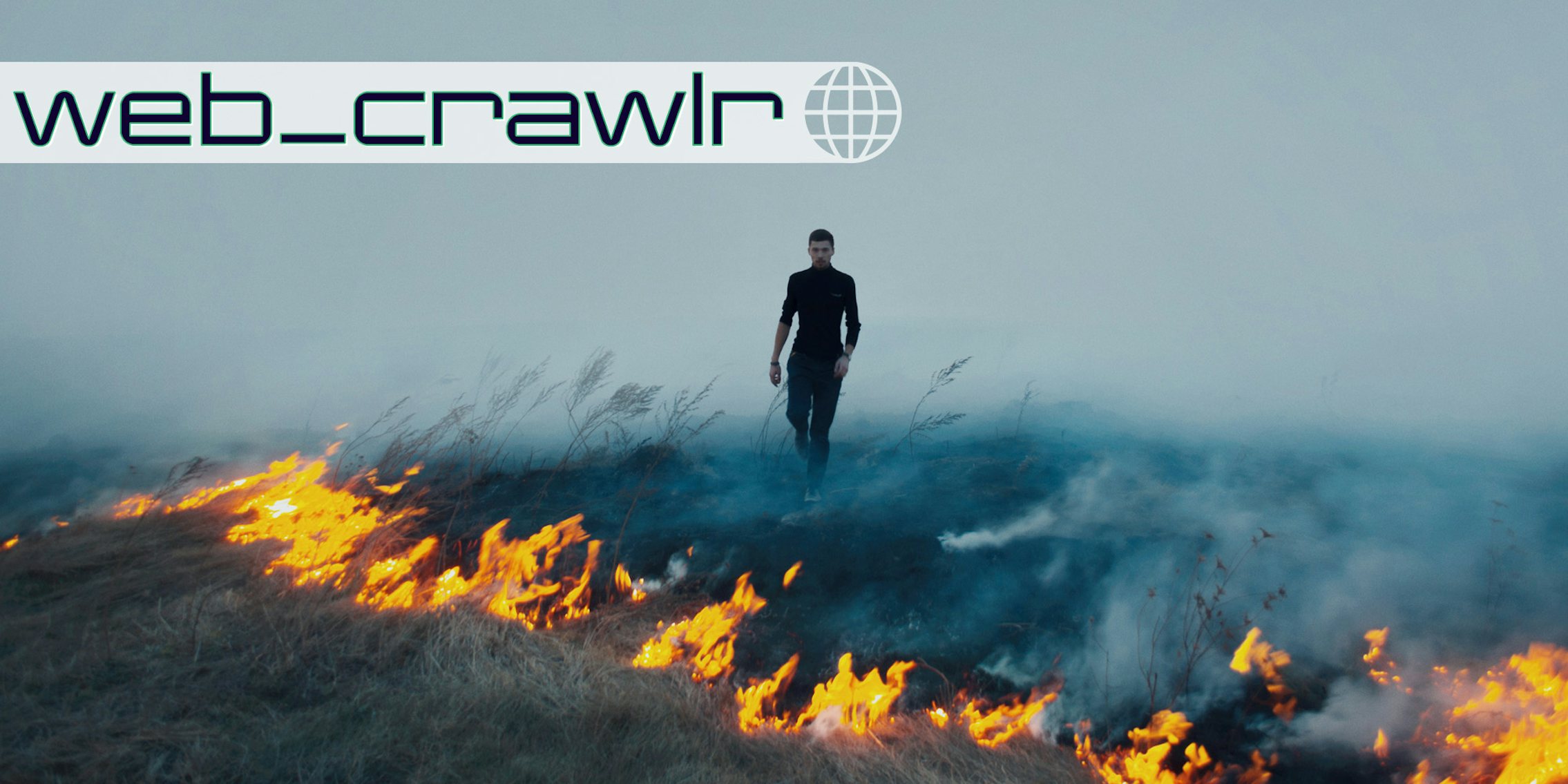A man walking through a field with burning crops. The Daily Dot web_crawlr newsletter logo is in the top left corner.