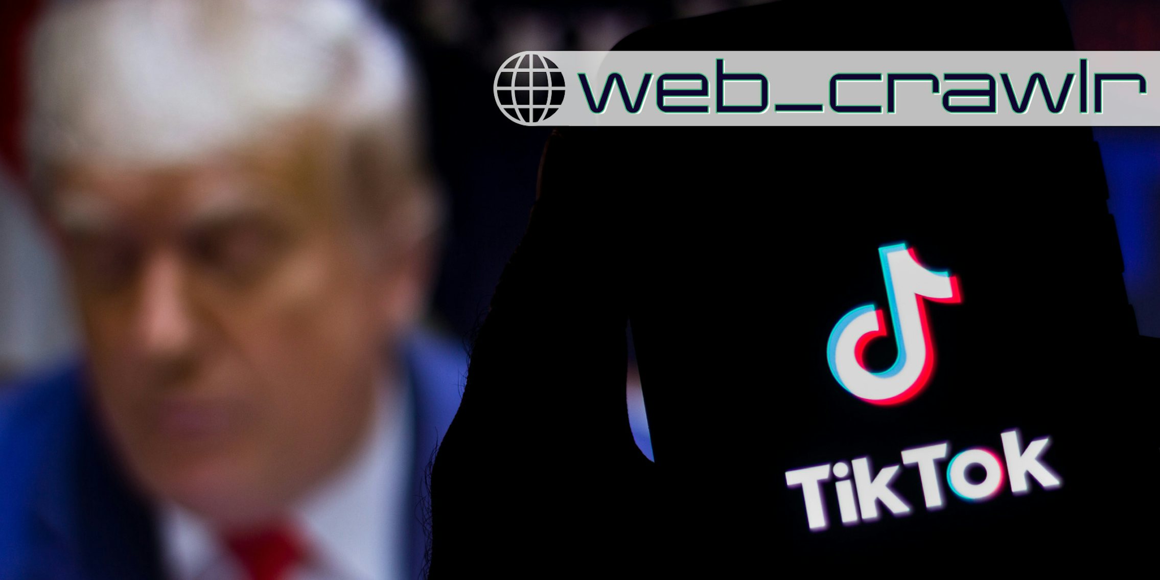 A phone with the TikTok logo on it. In the background is a blurred photo of former President Donald Trump. The Daily Dot newsletter web_crawlr logo is in the top right corner.