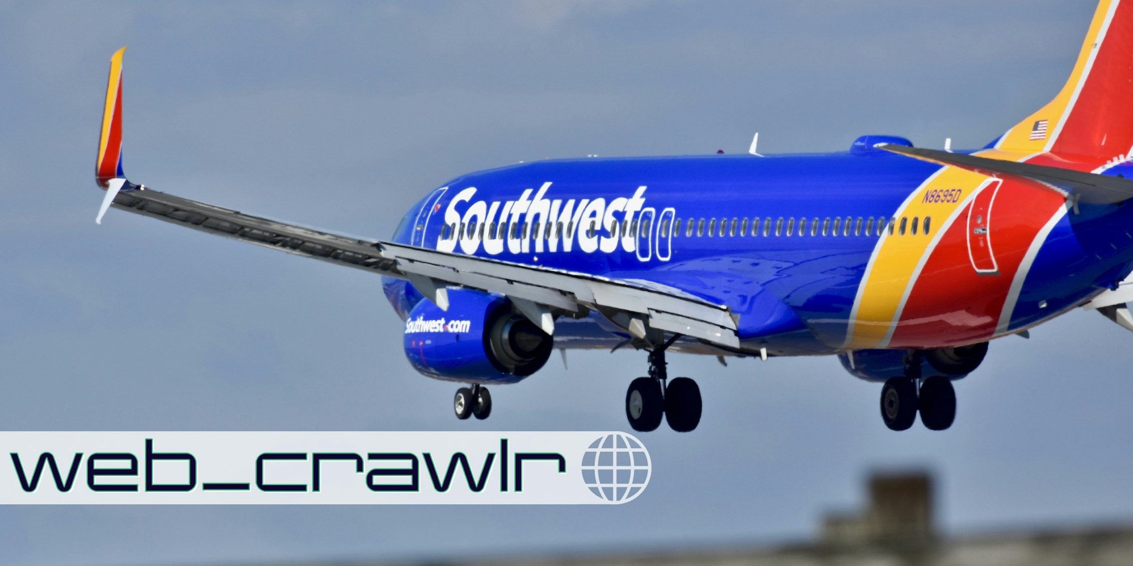 A Southwest Airlines flight landing. The Daily Dot newsletter web_crawlr logo is in the bottom left corner.