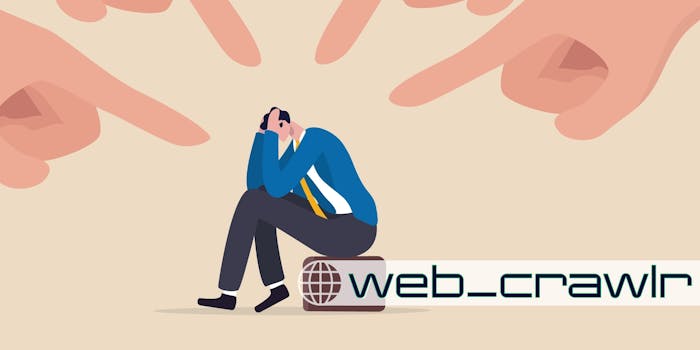 A cartoon of an employee sitting on a briefcase with fingers pointing at them. The Daily Dot web_crawlr newsletter logo is in the bottom right corner.