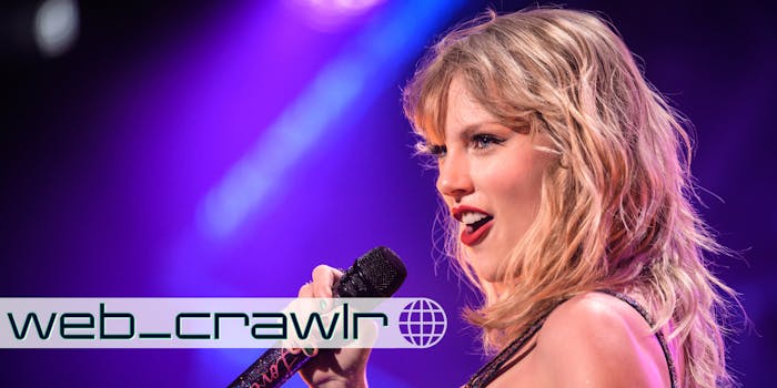 Taylor Swift singing into a microphone. The Daily Dot newsletter web_crawlr logo is in the bottom left corner.